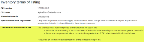 Screenshot of an Inventory chemical record with conditions of introduction or use - information about this is on the content page