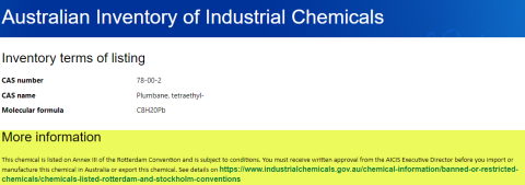 An example of an Inventory listing with requirement under the Rotterdam Convention - this information is also on the content page