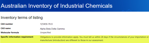 An example of an Inventory chemical record that has a specific information requirement - this is also explained on the content page